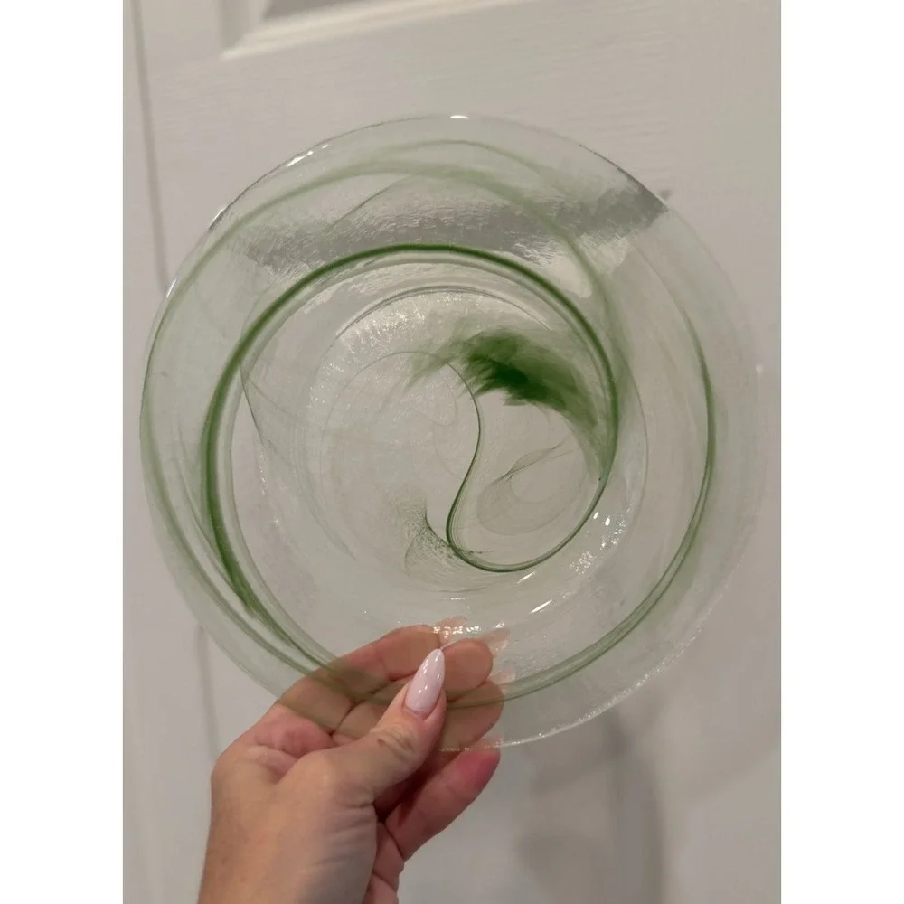 1 LVB1 Green Swirl Charger Salad Small Plate Blown Glass Vintage MCM Art Deco